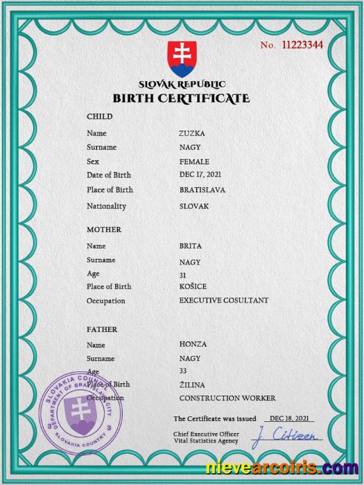 Slovakia birth certificate